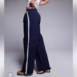 Navy Blue White Women's Pants High Waisted Brushed PowerSoft NEW XS Track Stripe